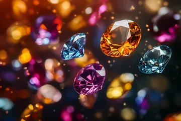 Flying colorful gems and diamonds on vibrant background for jewelry sale, luxury branding or promotion concept, generative ai © Tetiana