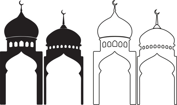Islamic archway and minaret silhouettes, black and white mosque