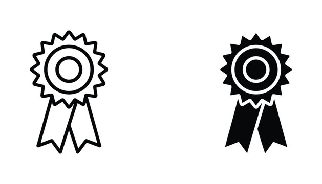 Award ribbon rosette icon set featuring classic starburst design with hanging streamers in outline and solid black vector format