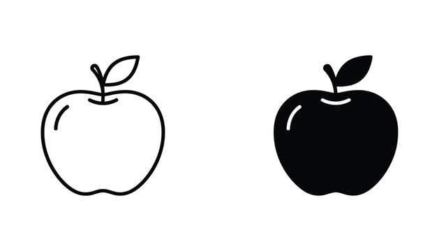 Minimalist apple fruit icons featuring outline and solid fill designs isolated on white background for food and healthy diet graphics