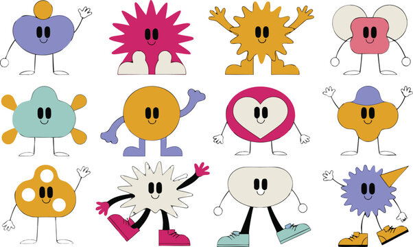 Funny abstract shapes characters, comic emoji, cartoon set. Playful flat vector illustration set of 12 cute abstract blob characters, emotions and expressions. Flat vector illustration isolated