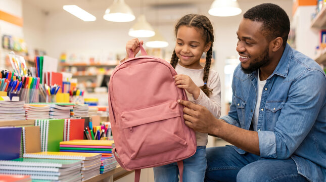 A father and daughter are shopping in a store filled with school supplies. The girl smiles as she holds a pink backpack. The father looks pleased and supportive during their shopping trip