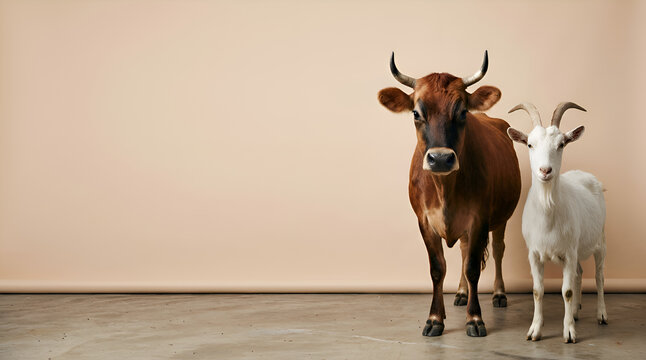 A hyperrealistic 16K studio photograph representing Eid al-Adha (Qurban) featuring a brown cow and a white goat standing side by side in the foreground, both facing forward with calm natural posture