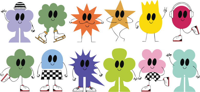 Funny abstract shapes characters, comic emoji, cartoon set. Playful flat vector illustration set of 12 cute abstract blob characters, emotions and expressions. Flat vector illustration isolated