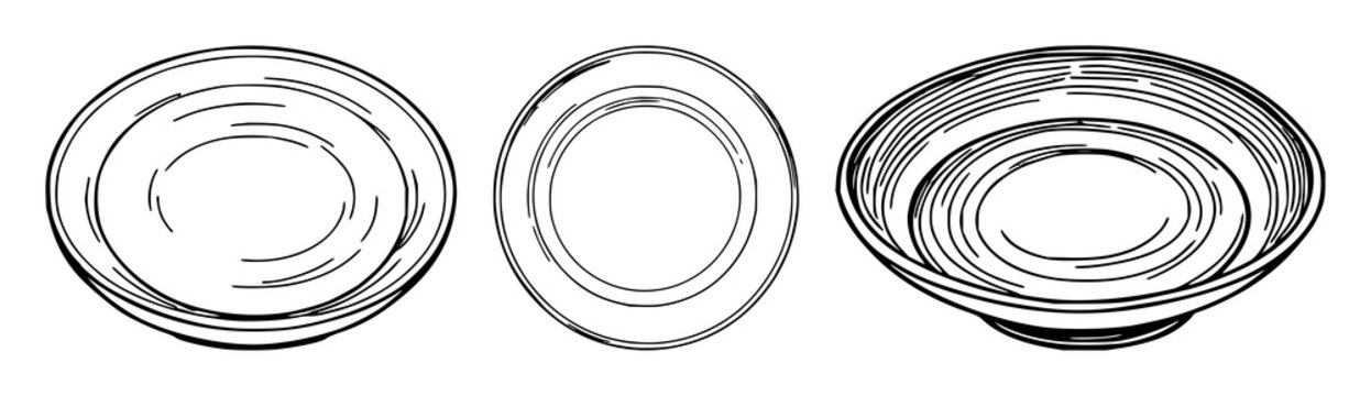Ceramic plate set with simple black line art on white background featuring ceramic plate, line art, minimalist design with ceramics and illustration