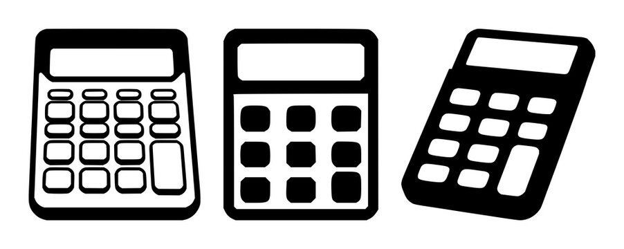 Calculator icon set with solid black lines on white background featuring calculator, icon, technology with digital and devices