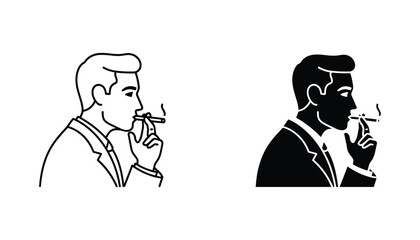 Profile portrait of a man in a suit smoking a cigarette in clean outline and solid black vector icon styles © Spline