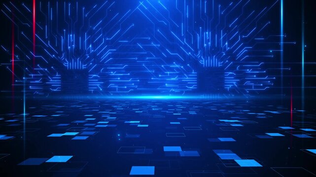 Blue futuristic circuit stage glows lines, digital floor tiles, advanced cyber depth video backgrounds, AI promos, software intros, technology presentations, gaming visuals, and virtual event screens.