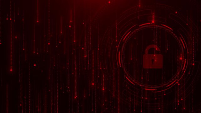 Red cyber unlock security background open lock falling code, digital warning symbols, circular tech rings. hacking cyber alerts, access control, password risk, data breach visuals, security intros.