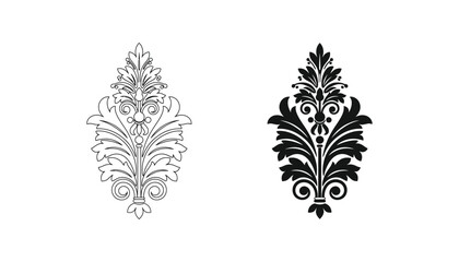 Ornate floral damask scroll element vector graphic in outline and solid black styles for wedding invitations and luxury stationery design and decorative border patterns isolated on white background © Spline