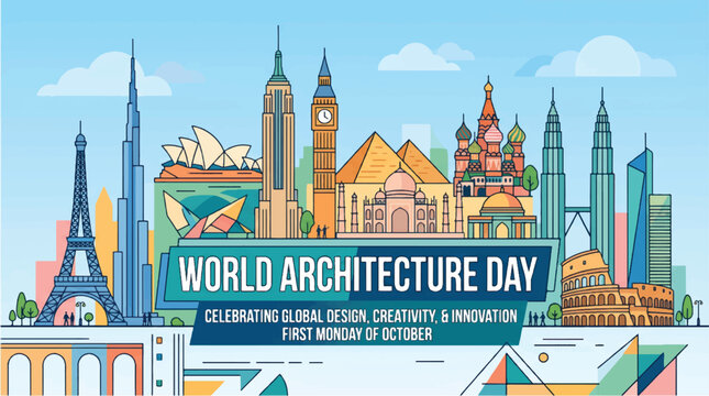 World architecture day illustration celebrating global design creativity and innovation with iconic buildings