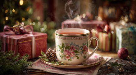 Fototapeta premium Warm cup of tea sits on table next to gifts during the holiday season