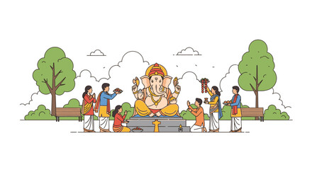 Obraz premium Ganesha festival celebration with people and idol in park