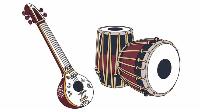 Traditional Indian musical instruments, tabla and tanpura on white