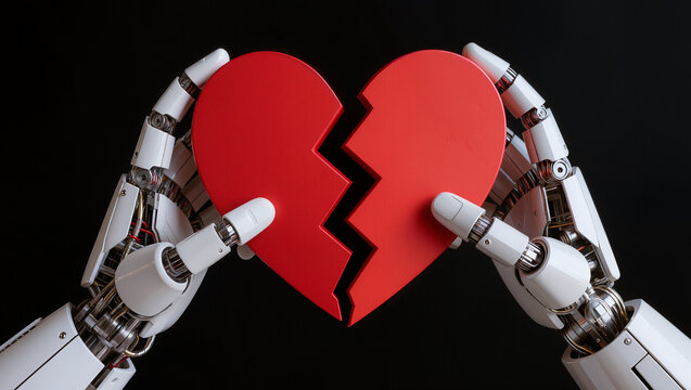 Front angle shot , close up robot hands holding a breaking red heart , black background.