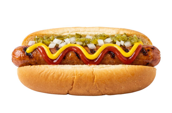 Classic american hot dog in a soft bun, fully loaded with wavy lines of ketchup and mustard, sweet relish, and diced onions. Highly detailed isolated fast food perfect for print.