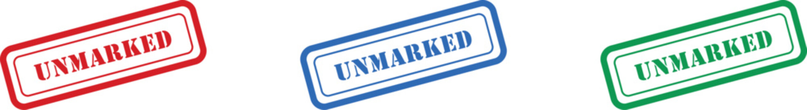 Three colorful rectangular rubber stamps displaying the word UNMARKED on a white background