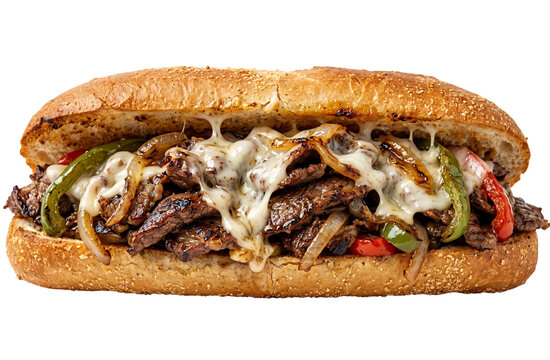 Authentic Philly cheesesteak sandwich loaded with thinly sliced grilled beef, melted provolone cheese, and caramelized onions on a hoagie roll. Isolated on white for easy clipping.