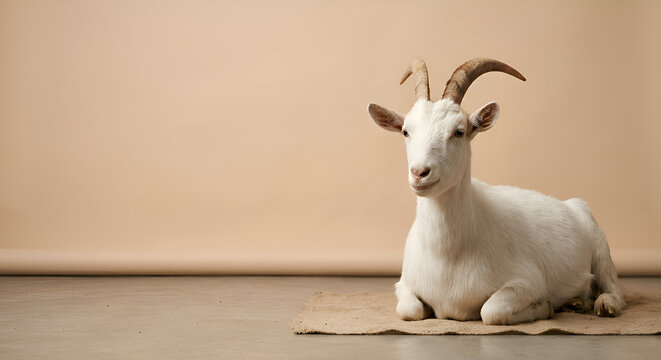 A hyperrealistic 16K studio photograph representing Eid al-Adha (Qurban) featuring a brown cow and a white goat standing side by side in the foreground, both facing forward with calm natural posture