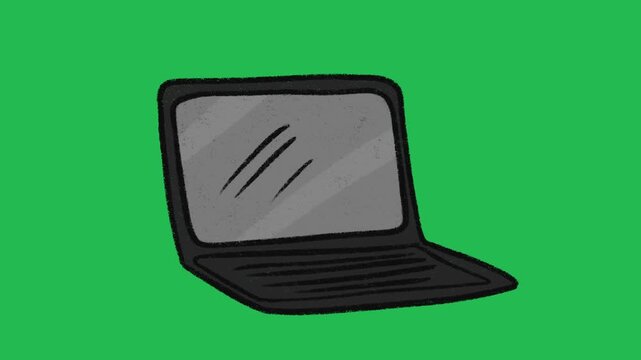 Hand-Drawn Open Laptop Computer | 2D Animated Technology Icon on green screen | Playful Doodle Digital Device hand drawn animation
