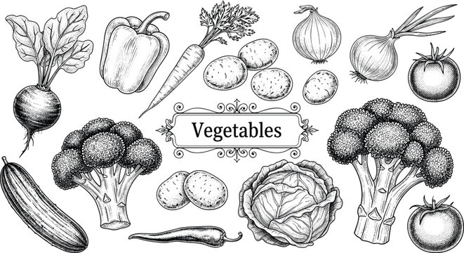 Hand-drawn vegetable vector set. Includes broccoli, carrot, tomato, cucumber, and other fresh produce sketches. Ideal for organic food packaging and healthy food designs.