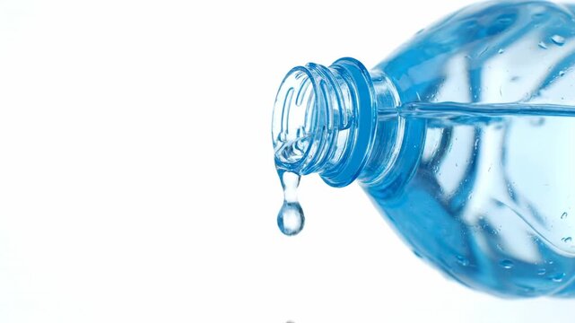 Close-up of a clear plastic container's open spout, with water droplets suspended and falling against a white background. Shows the purity