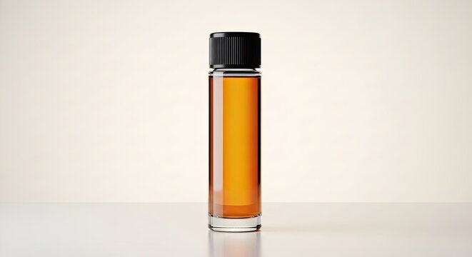 Amber glass vial with black cap on neutral background