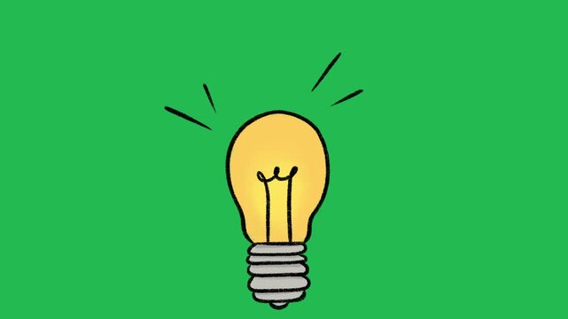Hand-Drawn Glowing Light Bulb Idea | 2D Animated Innovation Symbol on green screen | Playful Doodle Creativity Icon hand drawn animation