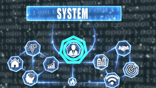 Digital System Network With Icons And Binary Code Background