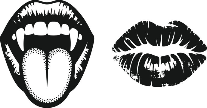 Grungy black and white illustration of vampire teeth with tongue and a lipstick kiss.