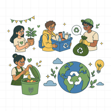 Colorful Children Ecology Education Global Recycling Compost Planet Earth Illustration