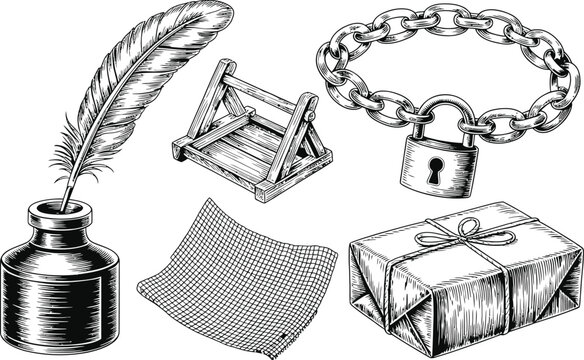 Set of vintage style writing tools, chain with lock, antique feather pen, inkwell, parcel.