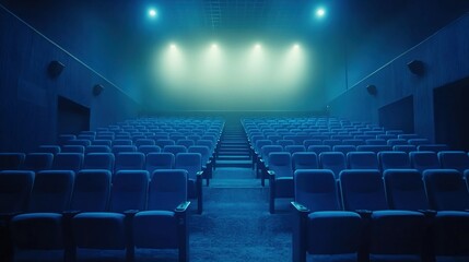 Fototapeta premium Empty movie theater interior with blue seats and a dim atmosphere, creating anticipation for a film experience.