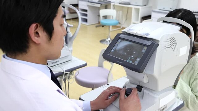 眼科で視力検査を行う医師と患者の診察風景
