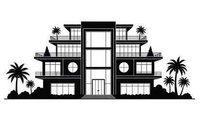 Obraz premium black silhouette of a modern villa with palm trees against a white background high quality professional detailed elegant stylish clean crisp vibrant colorful digital