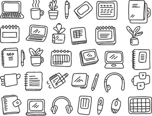 Naklejka premium Freelancer Workspace Doodle Hand Draw Icon Set – Remote Work, Laptop, Coffee, Creative Office Vector Icons Collection