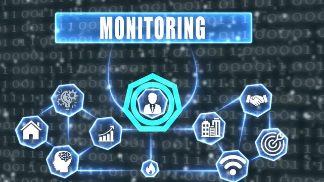 Business monitoring network with icons and binary code