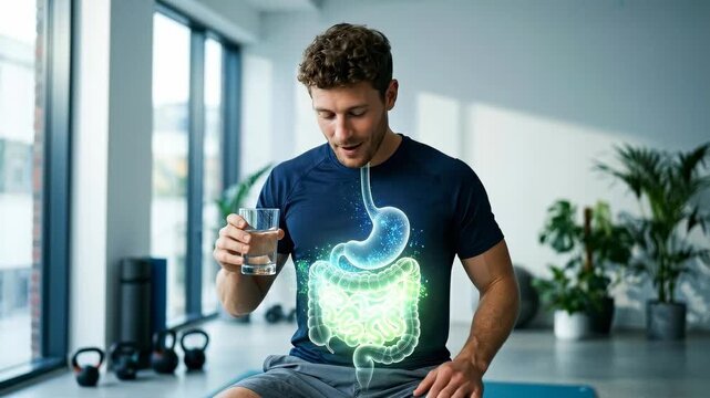 A health-conscious individual, radiating with vitality, holds a glass of pure water near a digital representation of a glowing gut, a testament to internal health.