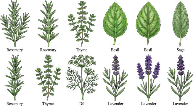Culinary and Medicinal Herb Set Illustration with Rosemary, Thyme, Basil, Sage, Dill, and Lavender for Cooking, Herbal Medicine, Gardening, and Botanical Design
