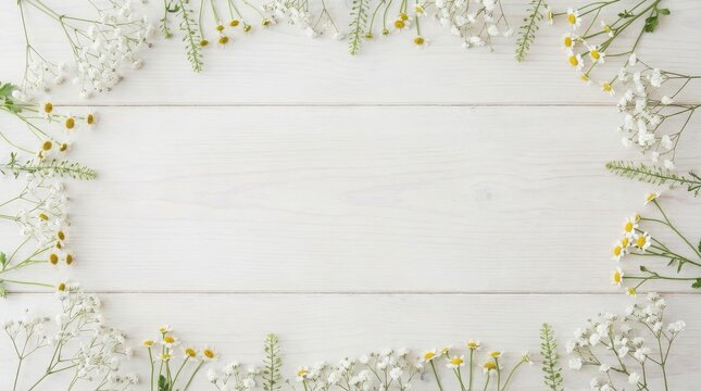 Bright white Scandinavian style wood background with floral borders