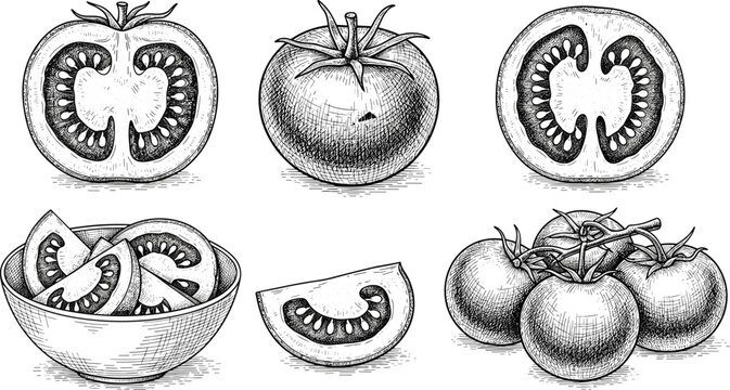 Tomato and sliced tomato vector set. Hand-drawn whole tomatoes, sliced tomatoes, and a bowl of tomato slices in vintage style. Ideal for food design