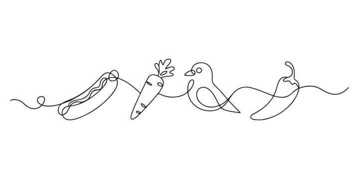 Continuous line drawing of a hot dog carrot bird and chili pepper in a minimalist style