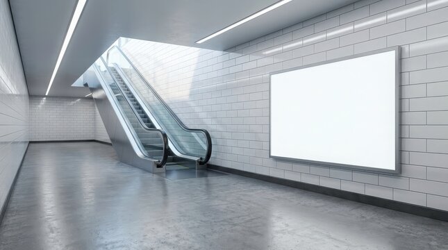 Clean modern subway station with an escalator and blank billboard