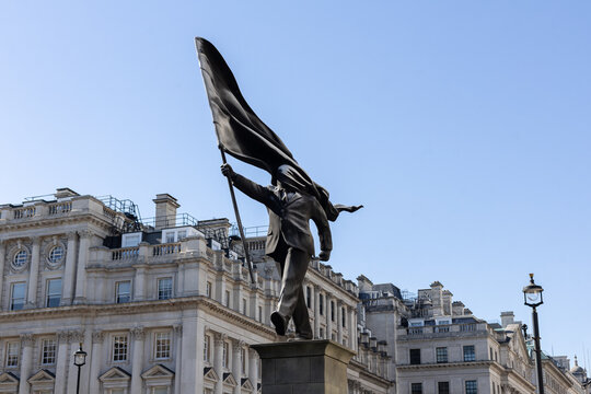 London, United Kingdom - April 30, 2026 . Banksy Installs New Statue of man blinded by flag  in Central London, Westminster.