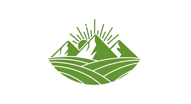 Green mountain landscape logo with fields and sun rays
