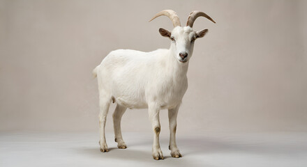 Fototapeta premium A hyperrealistic 16K studio photograph representing Eid al-Adha (Qurban) featuring a brown cow and a white goat standing side by side in the foreground, both facing forward with calm natural posture