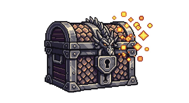 This pixel art illustration shows a fantasy treasure chest decorated with a dragon head and scales, emitting glowing magical golden sparks.