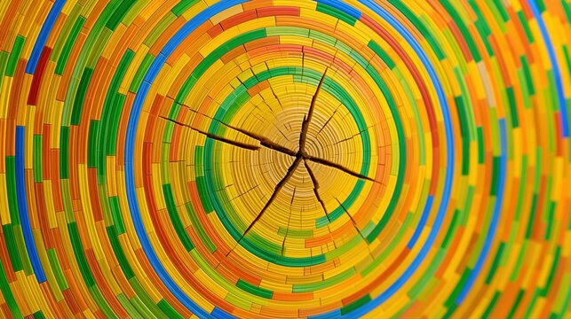Close-up of a tree stump with colorful concentric rings of wood and paint, abstract pattern