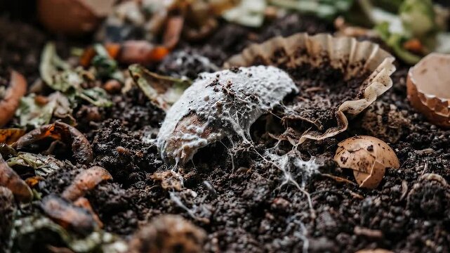 The rich textures and natural processes of a compost pile, showcasing decomposition at its finest. Close-up shot revealing the cycle of life and renewal within a vibrant, earth-toned tableau.