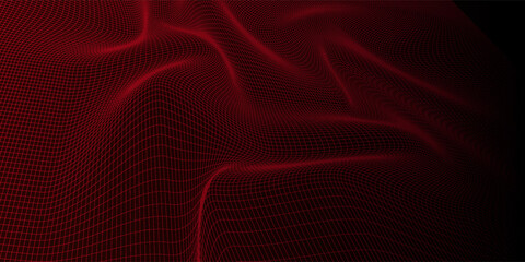 Abstract landscape on a red background. Cyberspace grid. hi tech network. 3D illustration © roni
